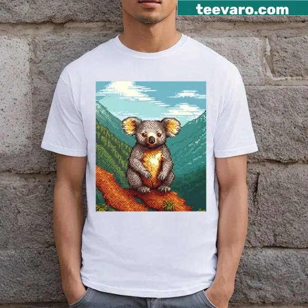 Pixel art t-shirt featuring a playful koala design