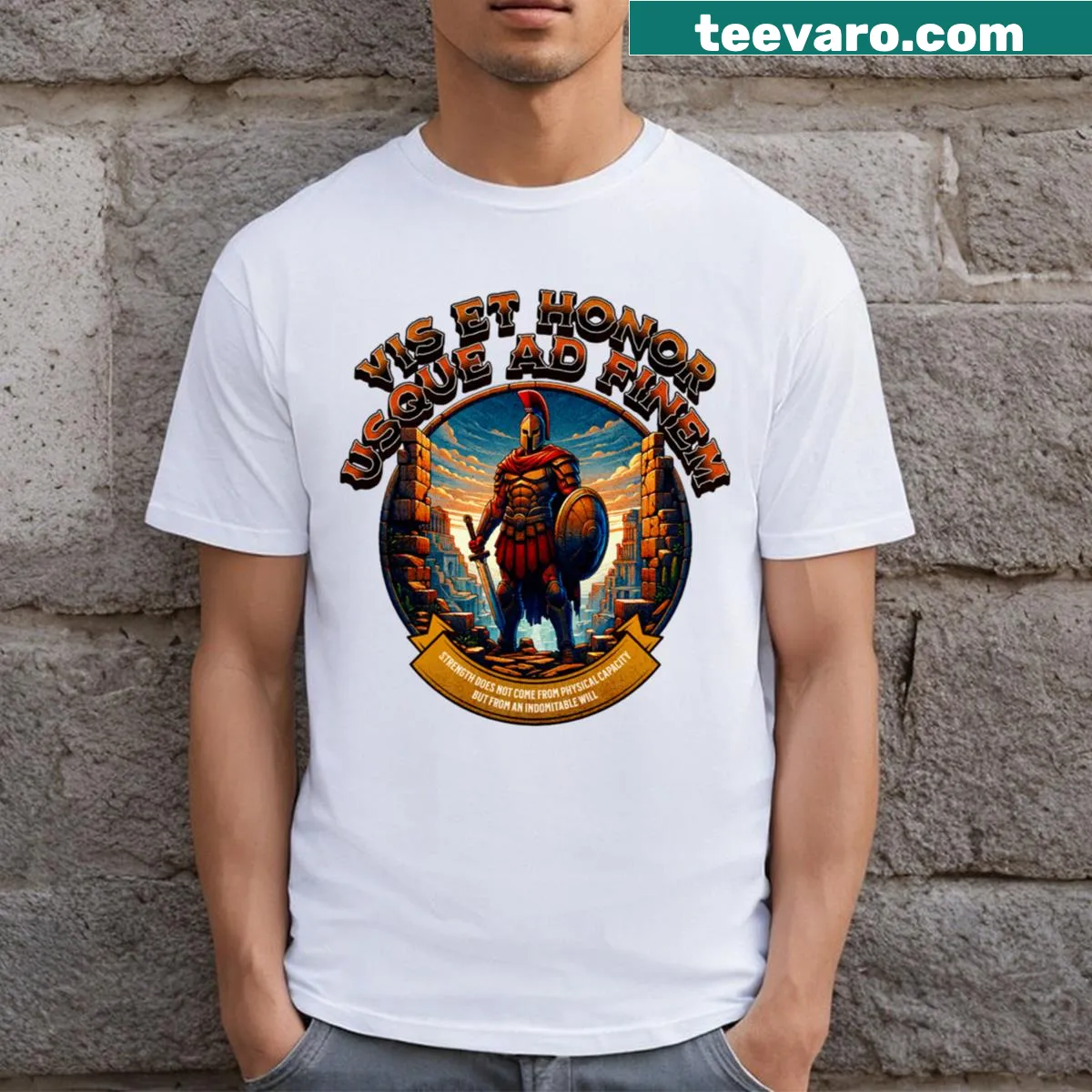 T-shirt featuring the Latin quote 'Vis Et Honor Usque Ad Finem'. — on a men's t-shirt