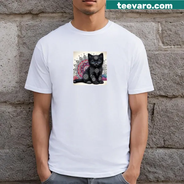 Mandala design featuring a black cat at the center on a t-shirt