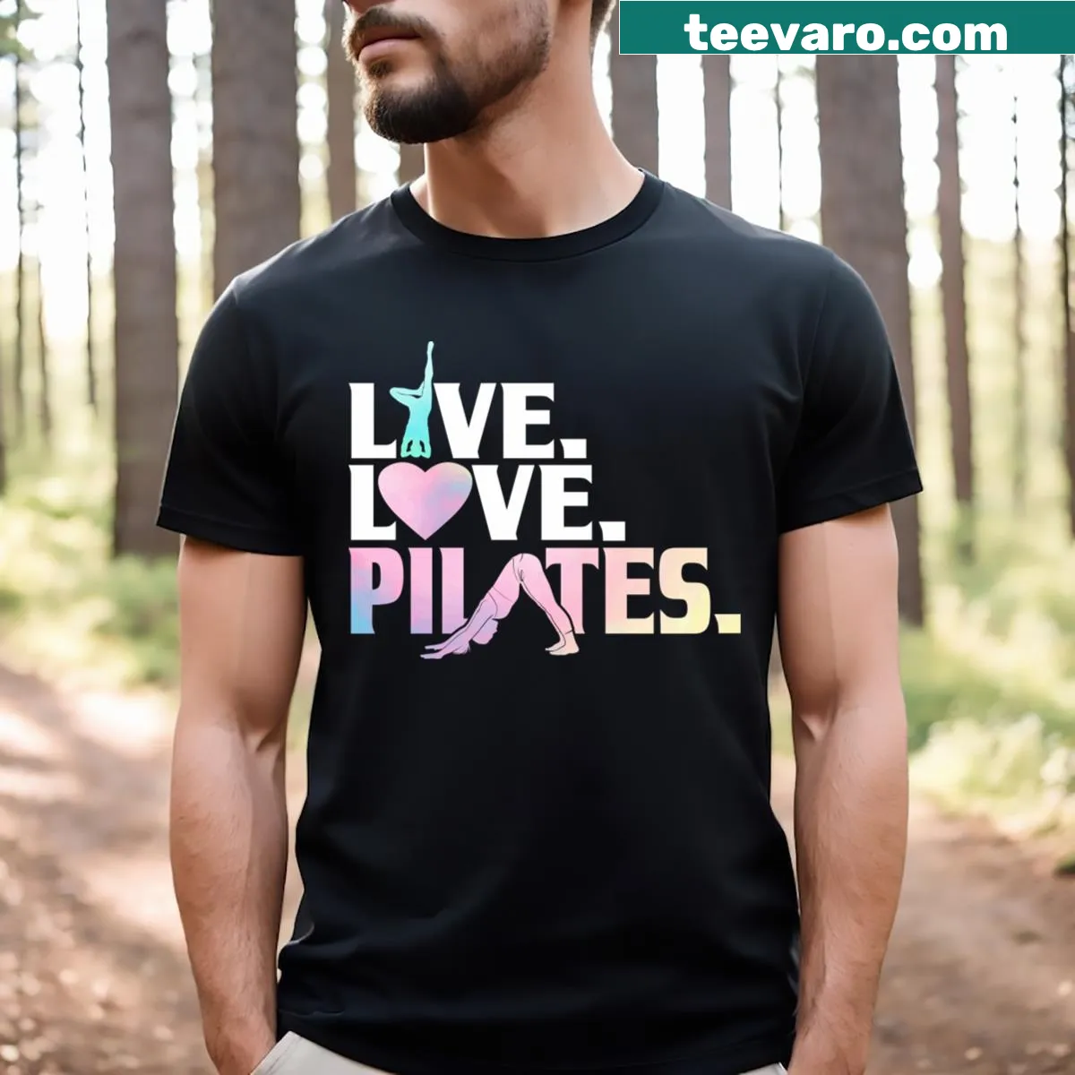 T-shirt with the phrase 'Live Love Pilates' for teachers and yoga lovers. — on a men's t-shirt