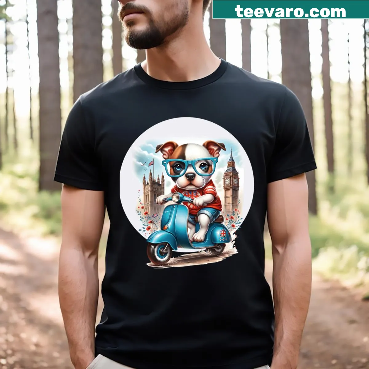 Illustrated London adventure t-shirt with Staffie dog — on a men's t-shirt