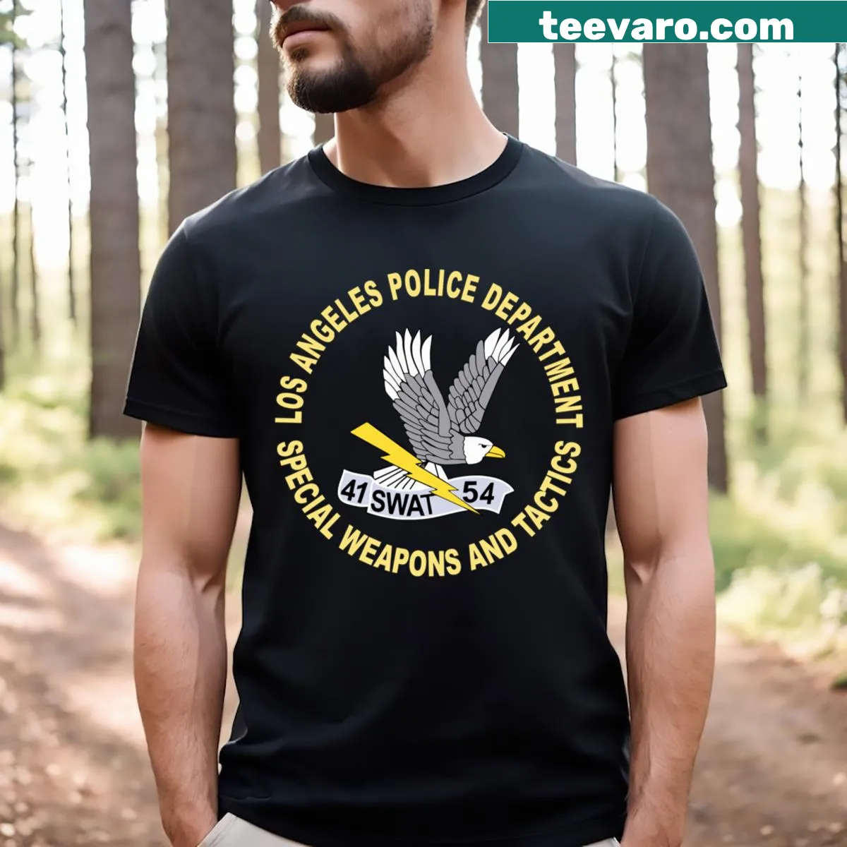 T-shirt featuring Los Angeles SWAT Police Special Weapons graphic. — on a men's t-shirt