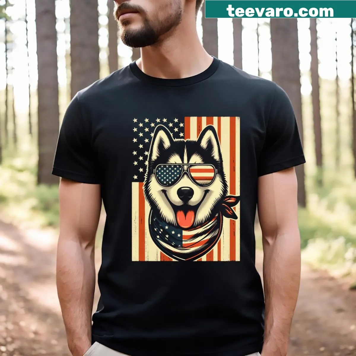Siberian Huskies graphic with USA flag for dog lovers. — on a men's t-shirt