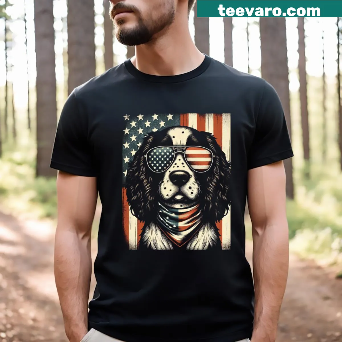 English Springer Spaniel graphic with USA flag for dog lovers. — on a men's t-shirt