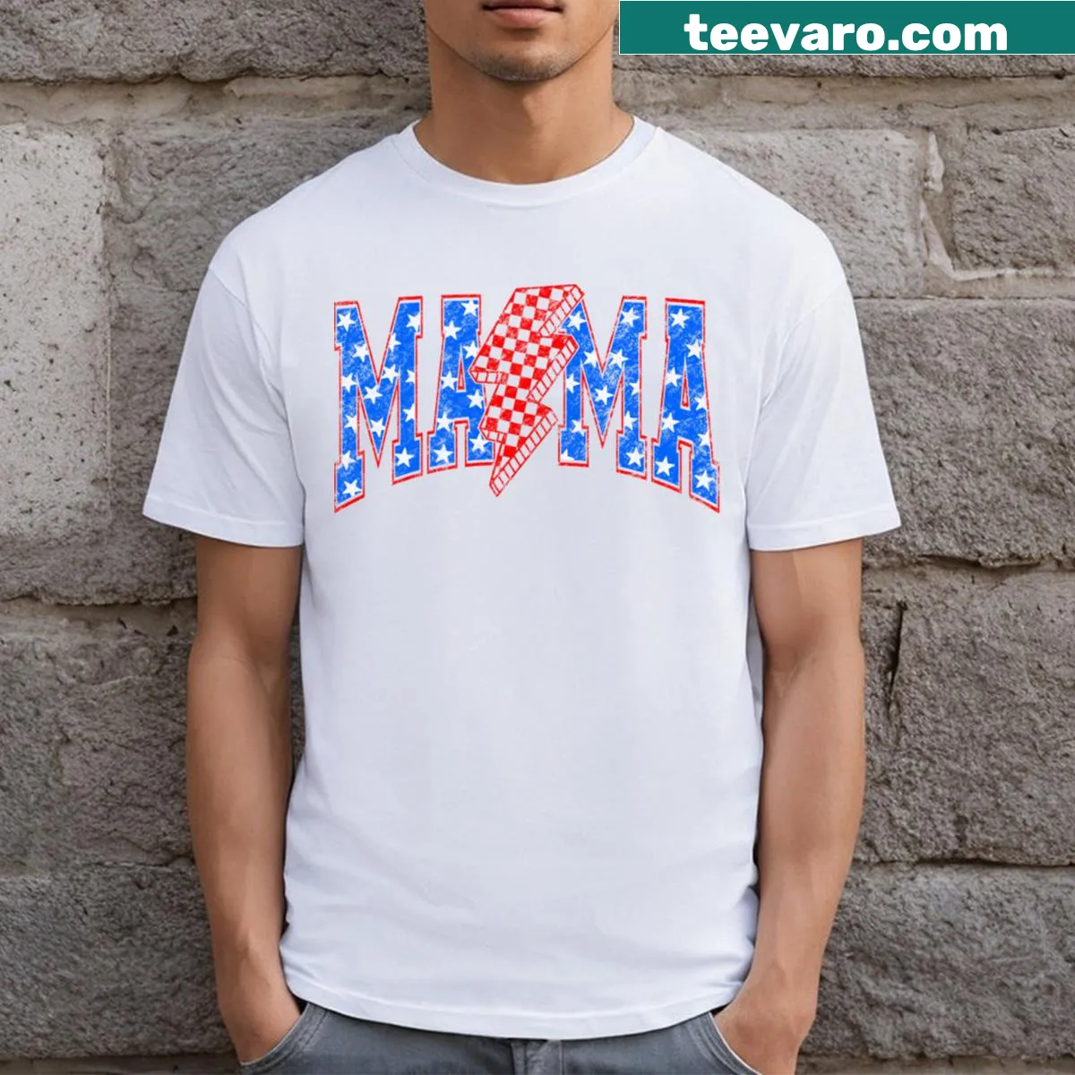 Messy bun mom shirt with American flag design for Fourth of July — on a men's t-shirt