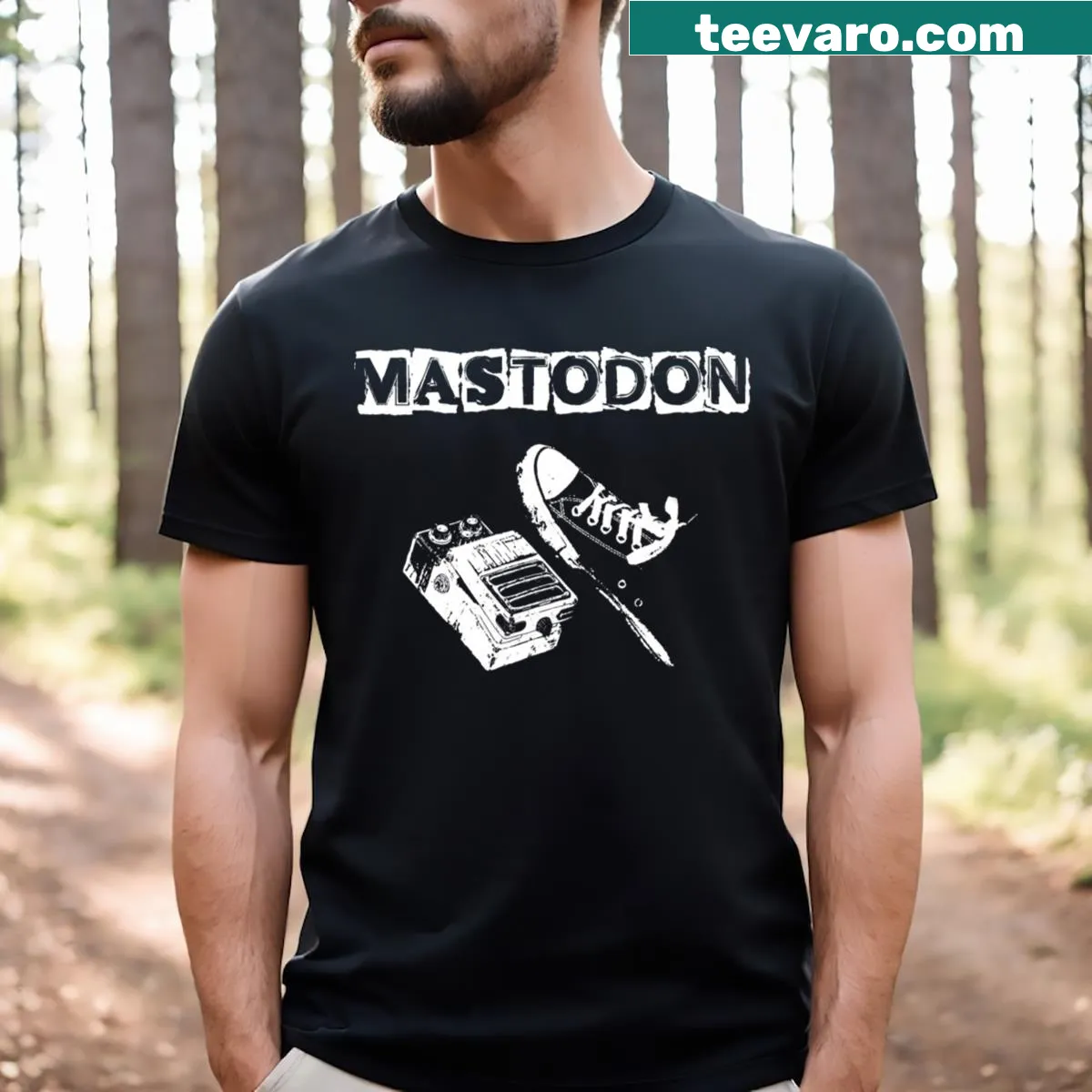 Mastodon band logo t-shirt featuring bold typography — on a men's t-shirt