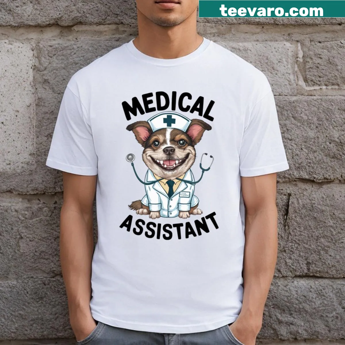Medical Assistant t-shirt with a cute dog illustration — on a men's t-shirt
