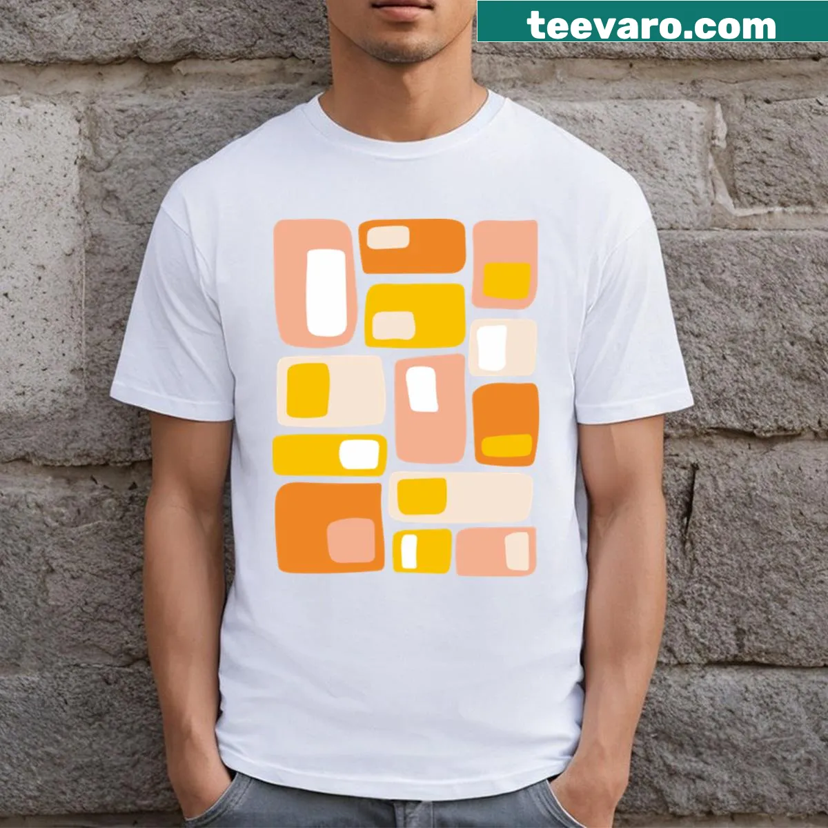 Mid-century design featuring funky geometric shapes on a t-shirt — on a men's t-shirt