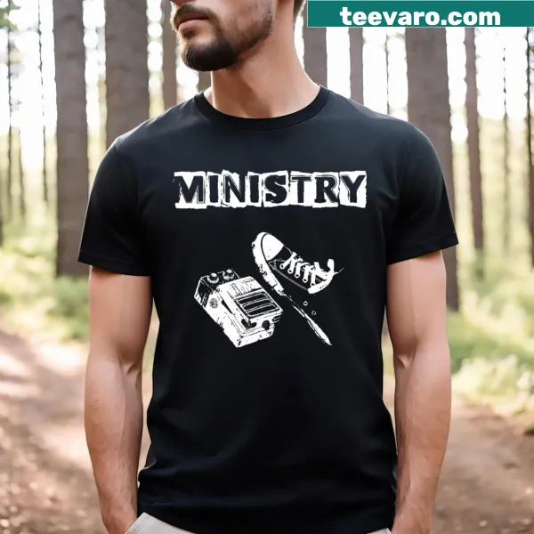T-shirt featuring bold graphic design inspired by the band Ministry