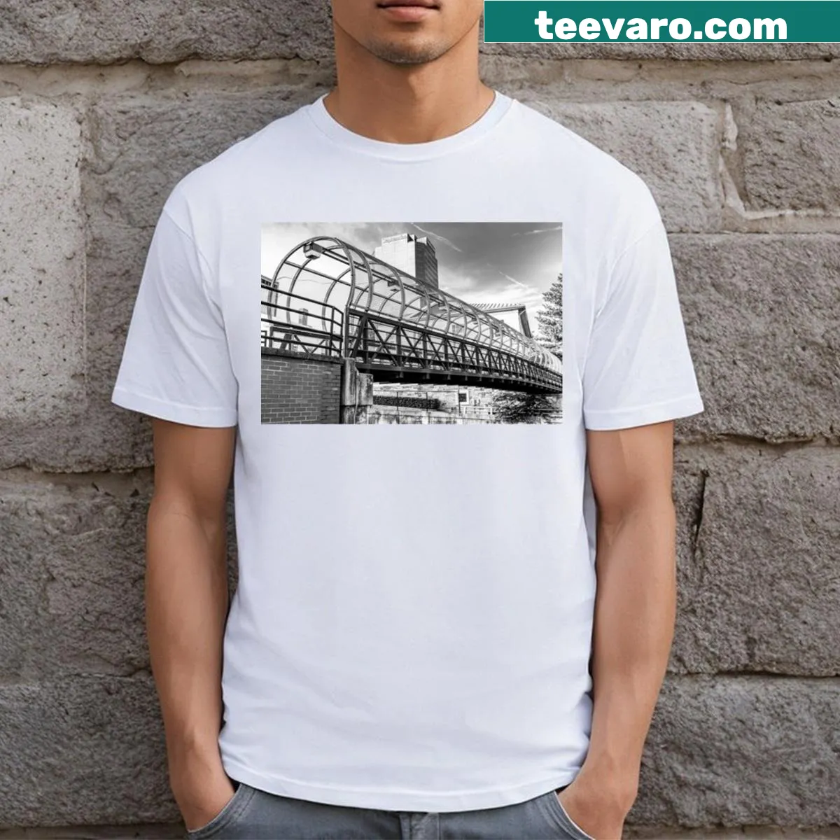 Black and white illustration of Downtown Little Rock on a T-shirt — on a men's t-shirt