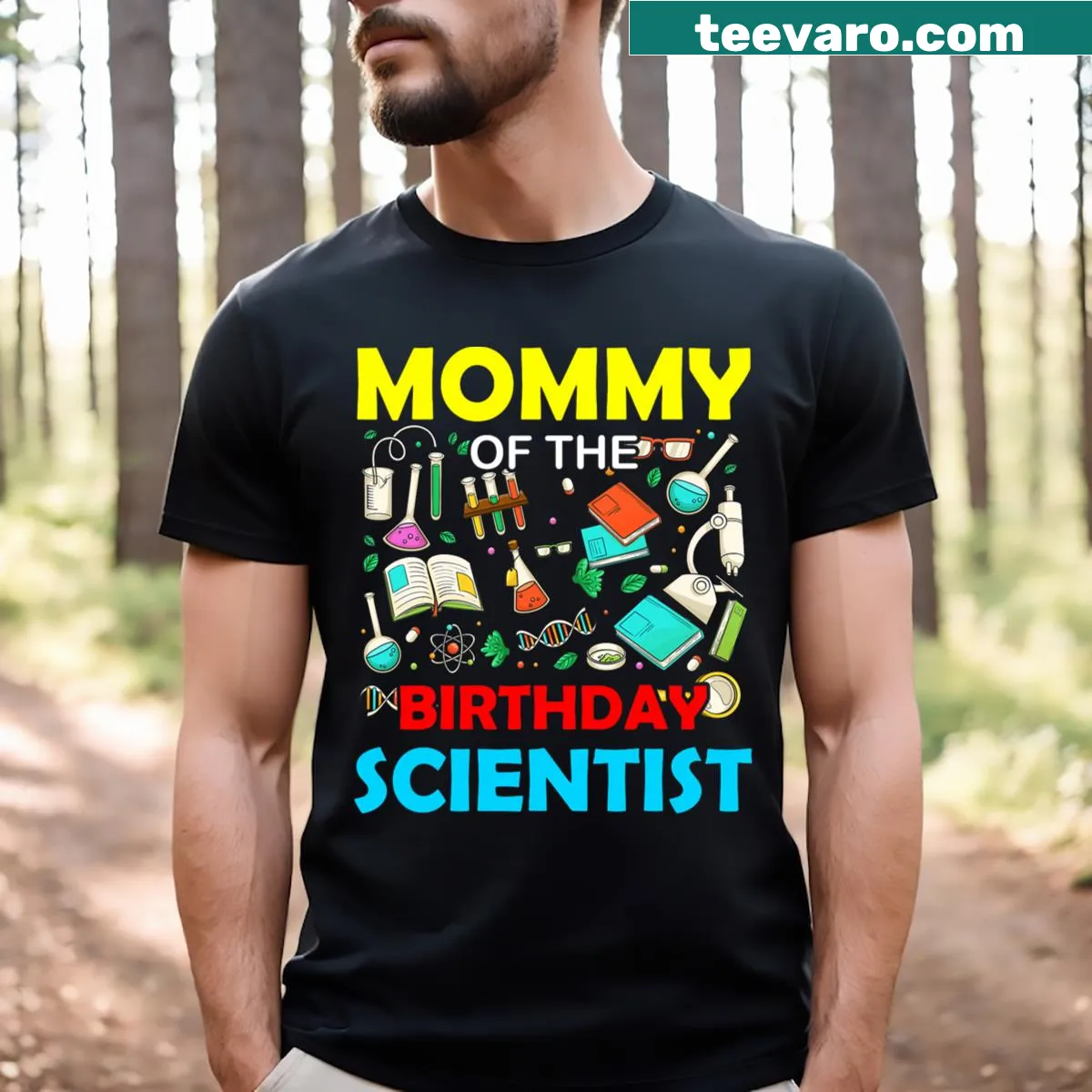 Mommy of the Birthday Scientist illustration T-shirt. — on a men's t-shirt