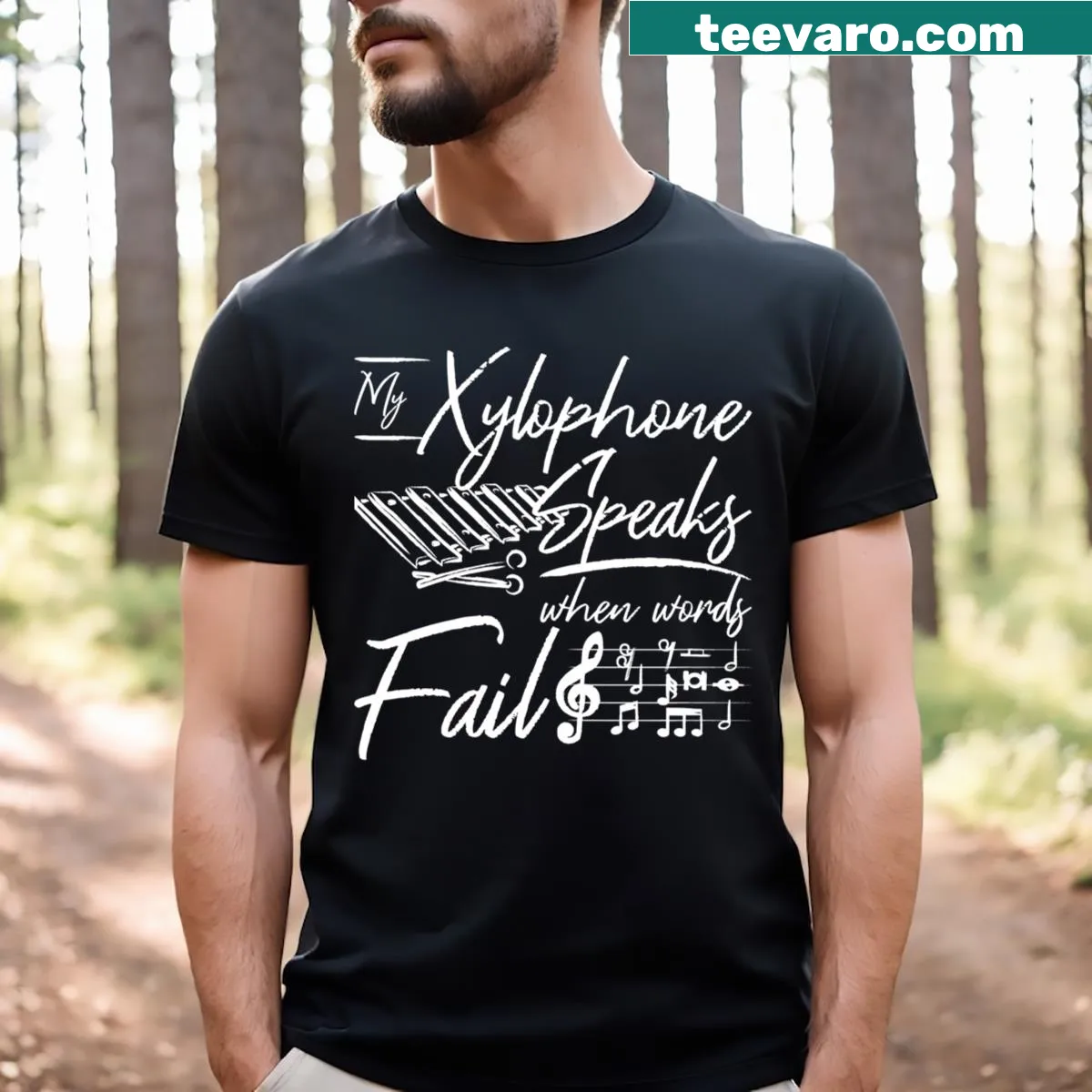 Typography tee about xylophone expressing emotions — on a men's t-shirt