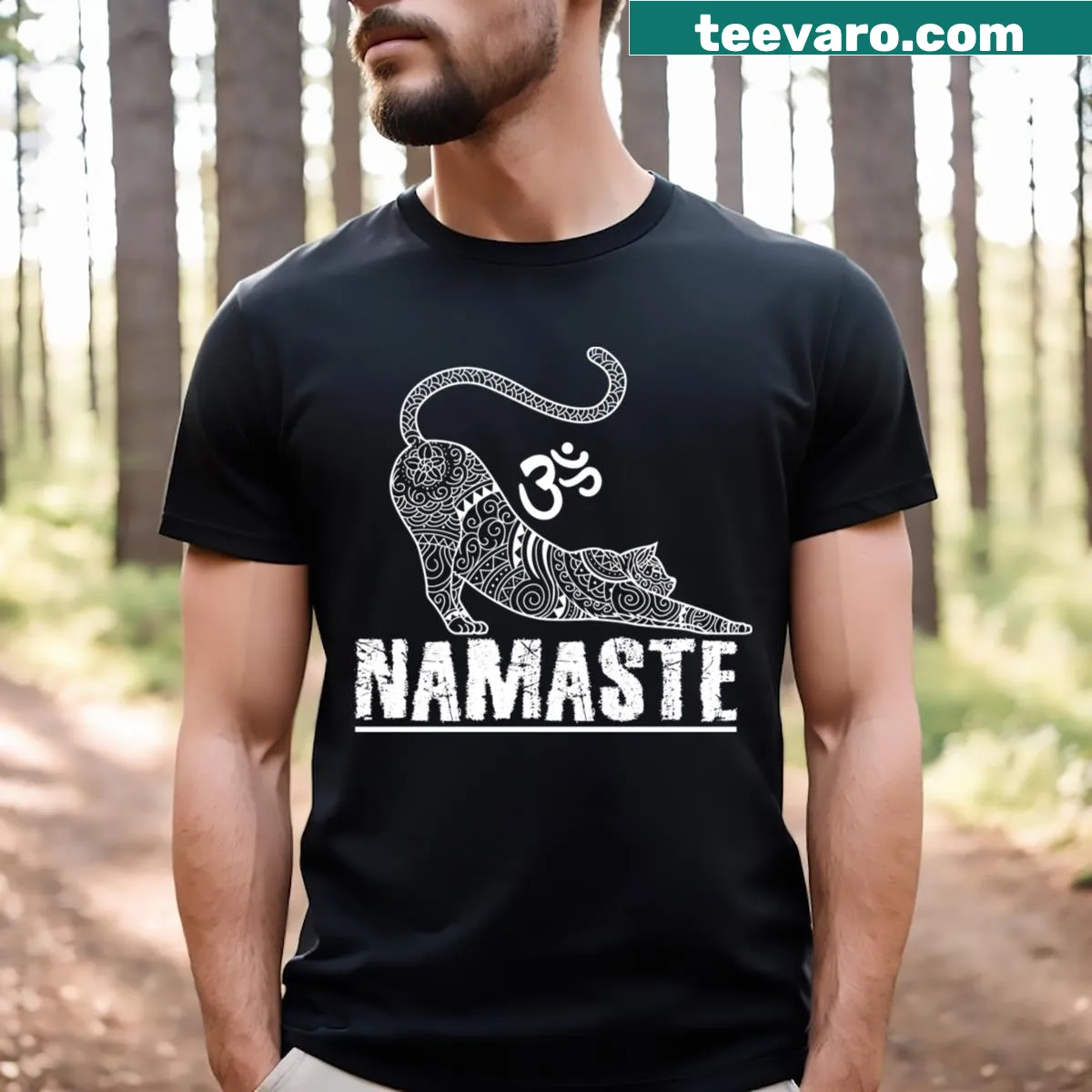 Illustration of cat with yoga theme on t-shirt — on a men's t-shirt