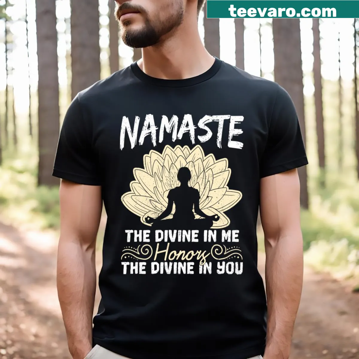 Yoga lover t-shirt with 'The Divine In Me' printed in elegant script — on a men's t-shirt