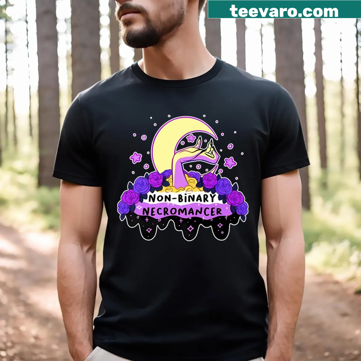 Whimsical fantasy Non-Binary Necromancer T-shirt design — on a men's t-shirt