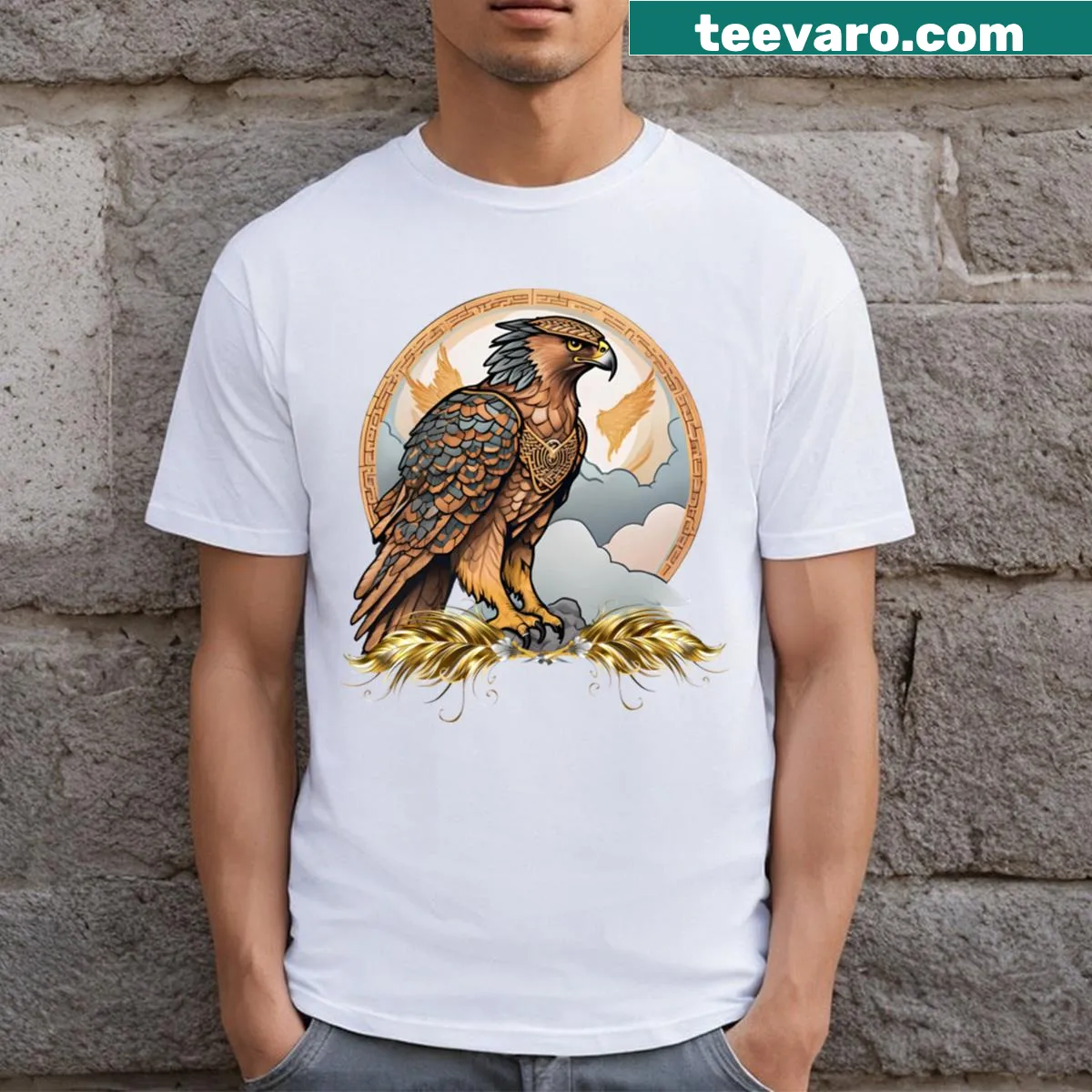 Stylized hawk graphic T-shirt inspired by Nordic traditions. — on a men's t-shirt