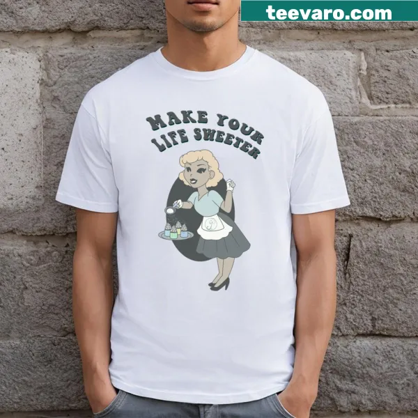 Cartoon pin-up T-shirt with a whimsical design and cheerful message