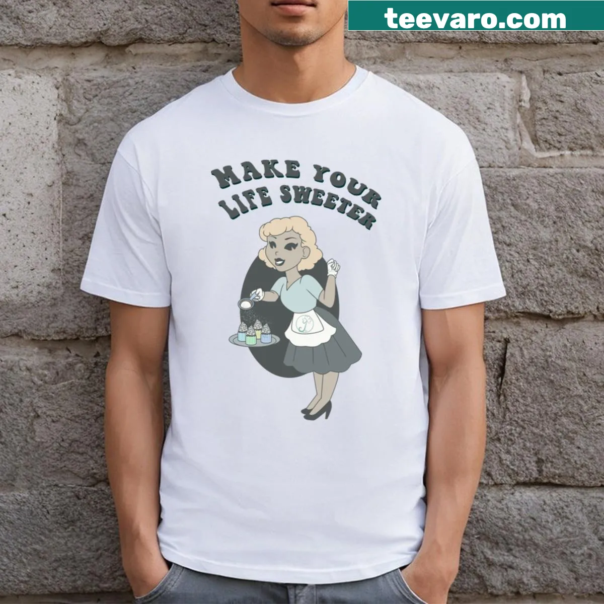 Cartoon pin-up T-shirt with a whimsical design and cheerful message — on a men's t-shirt