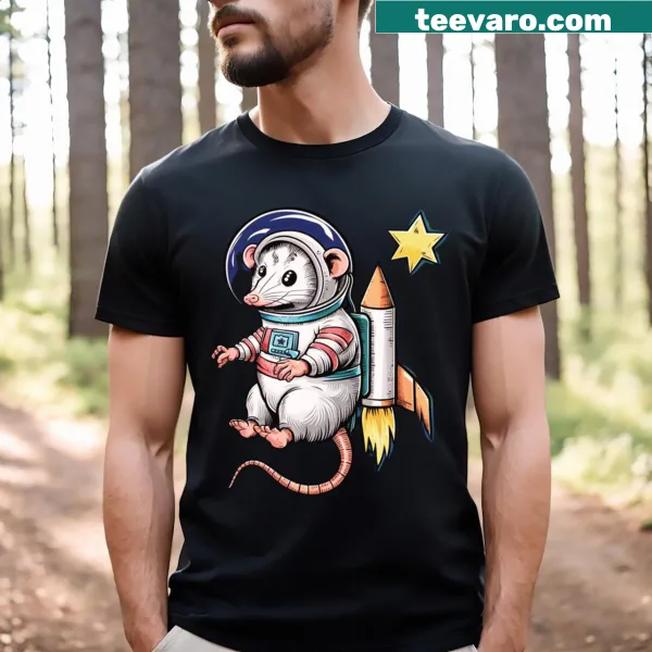 Cartoon opossum astronaut graphic T-shirt