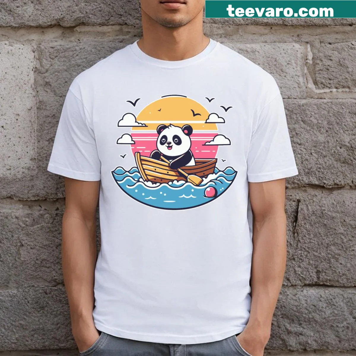 Playful panda exploring the sea graphic T-shirt — on a men's t-shirt