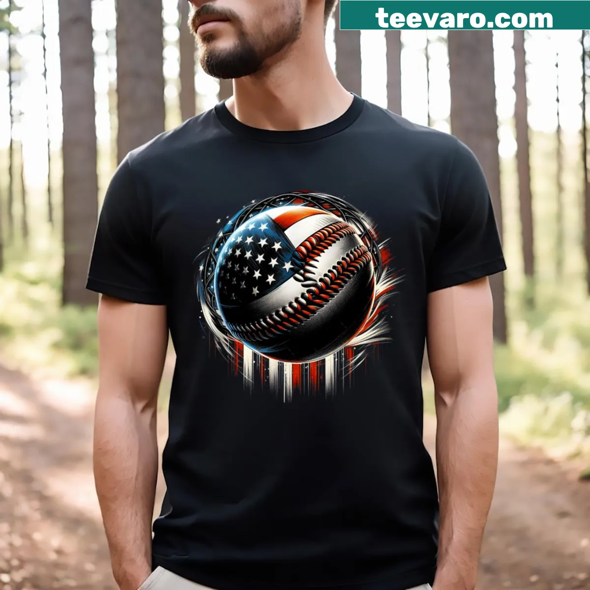 T-shirt featuring an American flag and baseball graphic for Fourth of July — on a men's t-shirt