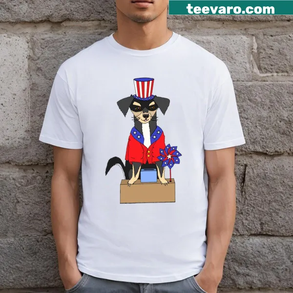 Cartoon Chihuahua with a voter box on a July 4th t-shirt