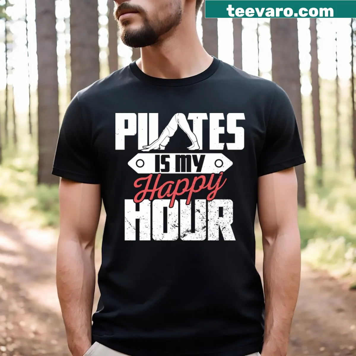 Funny Pilates t-shirt with typography saying 'Pilates Is My Happy Hour' — on a men's t-shirt