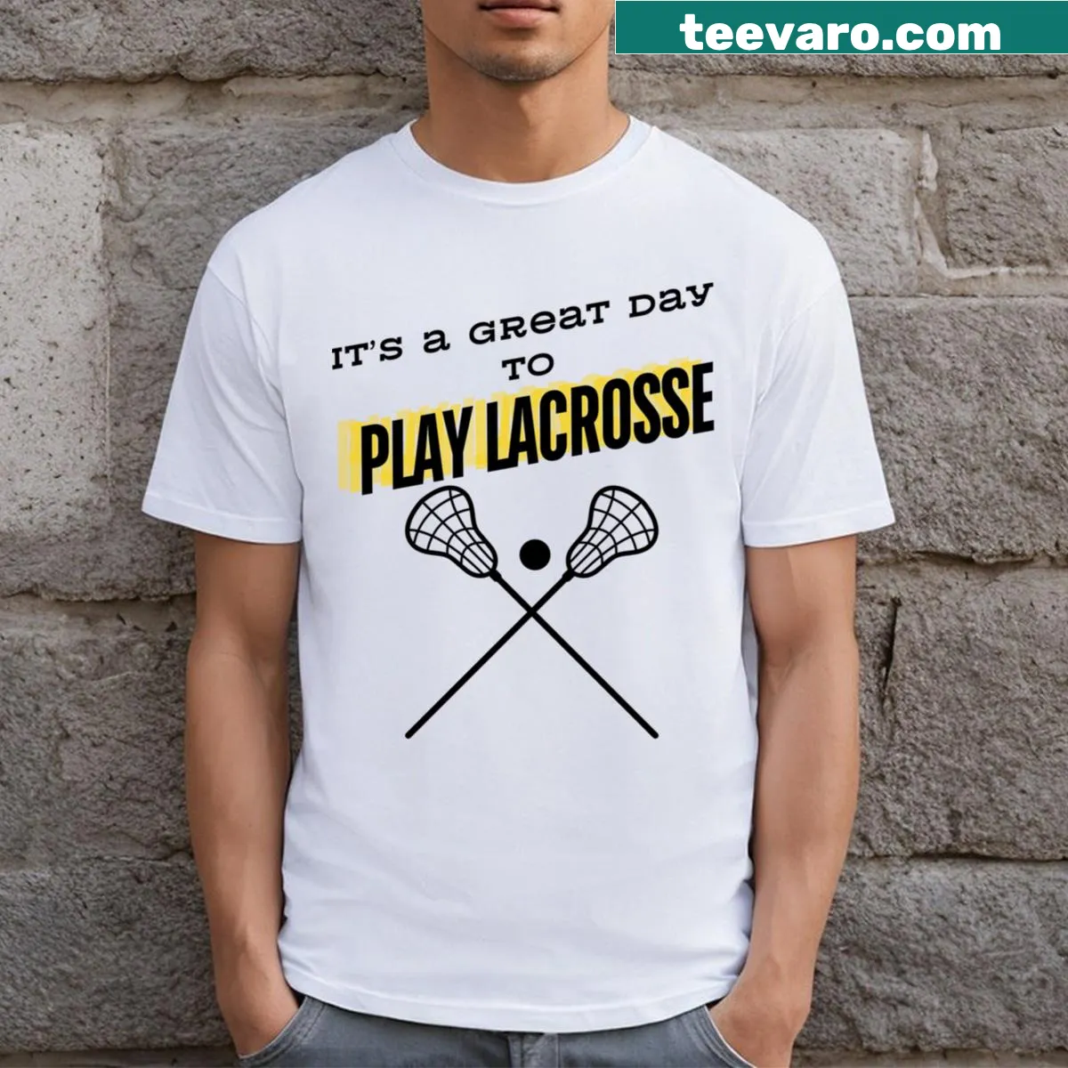 T-shirt with the phrase 'Play Lacrosse' for lacrosse fans — on a men's t-shirt