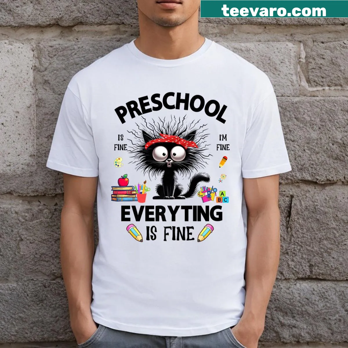 Funny back to school t-shirt with a black cat and text 'It's Fine, I'm Fine' — on a men's t-shirt