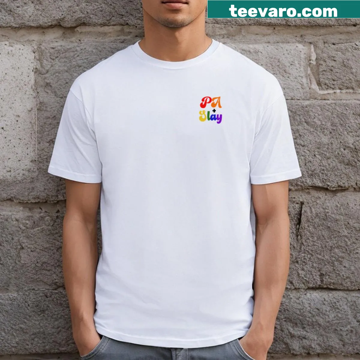 Rainbow-themed t-shirt with humorous 'Pa and Slay' text. — on a men's t-shirt