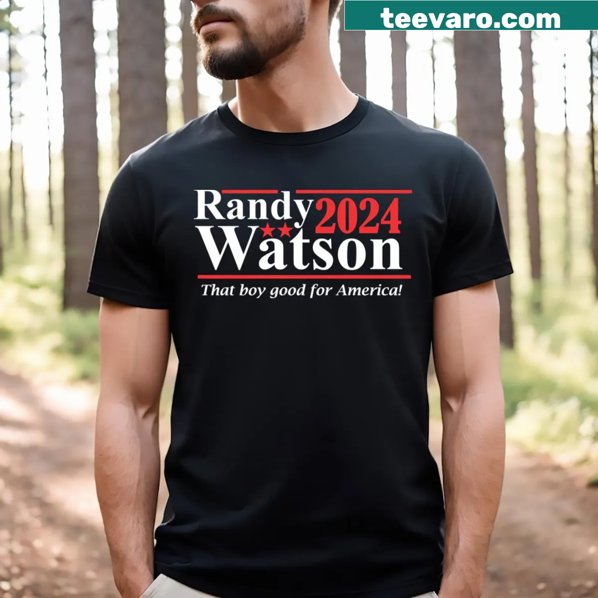 T-shirt featuring text 'That Boy Good For America' and Randy Watson name — on a men's t-shirt