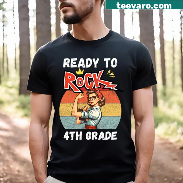 Vintage retro t-shirt for strong teachers with a 'Ready To Rock 4th Grade' slogan.