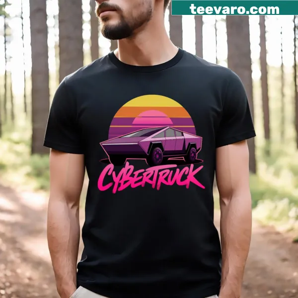 Stylized retro electric cyber truck graphic on a t-shirt.