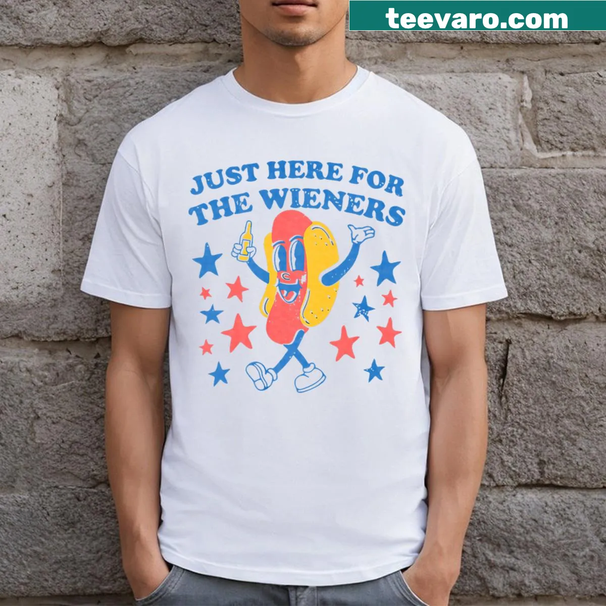 Funny vintage t-shirt with 'Just Here For The Wieners' text — on a men's t-shirt