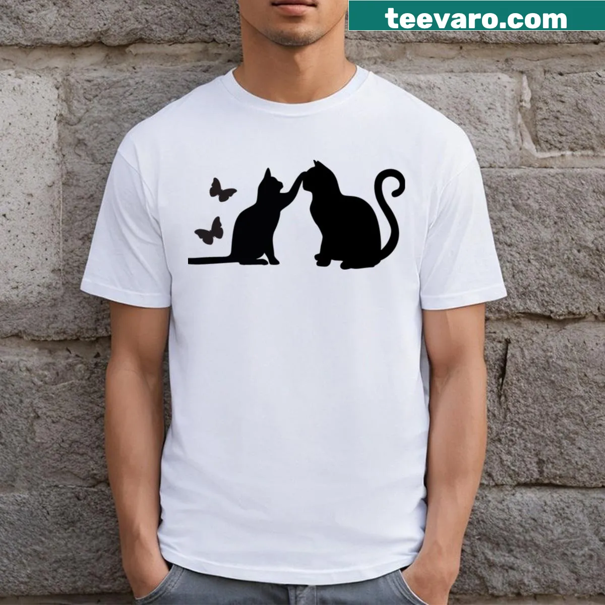 Illustrated T-shirt of a romantic black cat — on a men's t-shirt