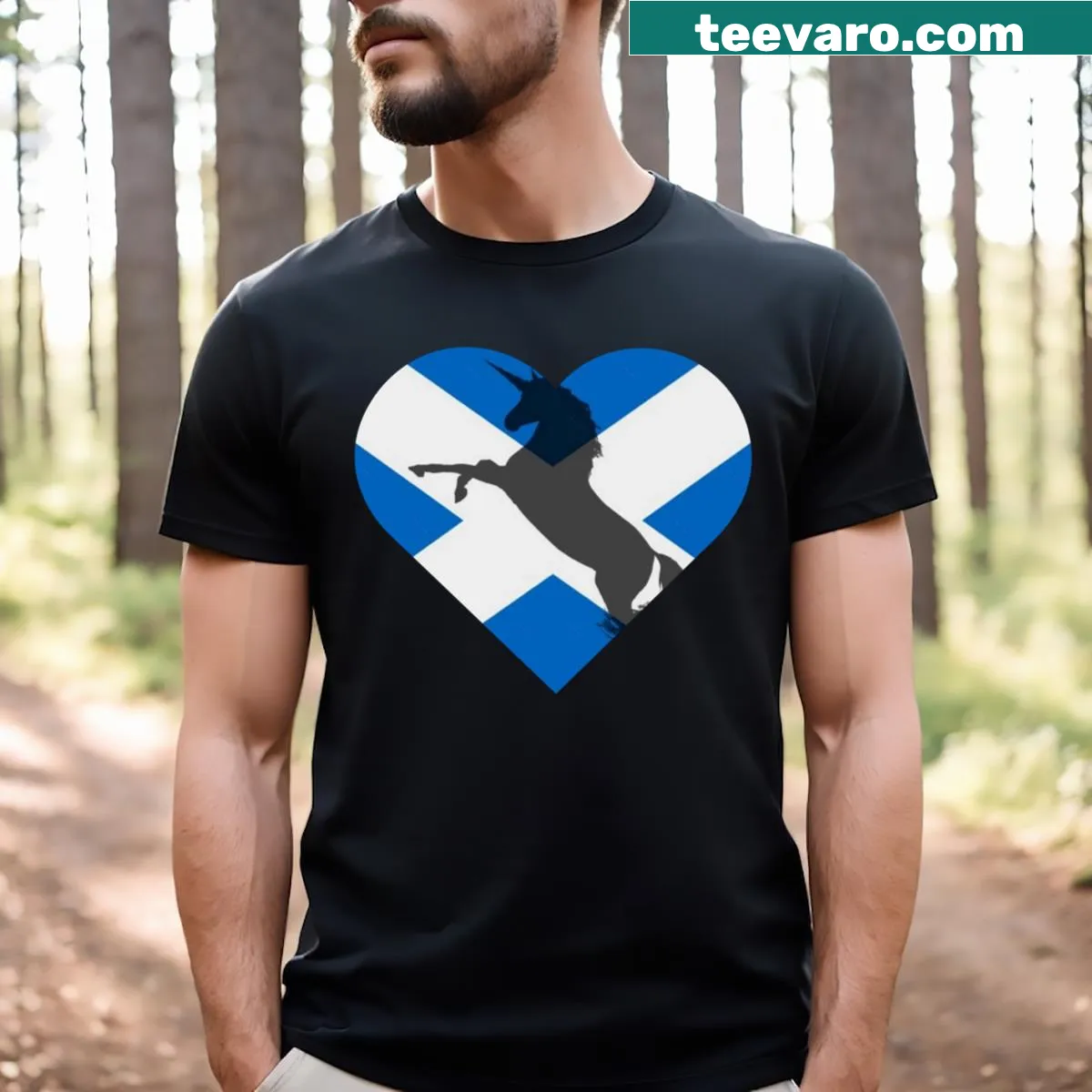 Whimsical T-shirt featuring a unicorn and Saltire design — on a men's t-shirt