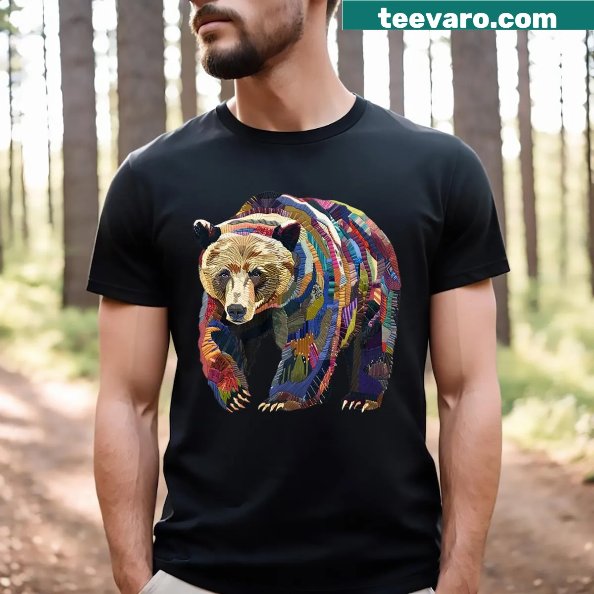 Cute t-shirt with a grizzly bear and sewing motifs — on a men's t-shirt