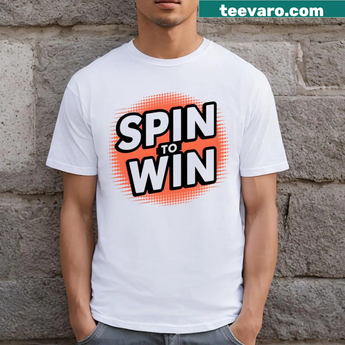 Playful t-shirt with the phrase 'Spin To Win' in fun typography. — on a men's t-shirt
