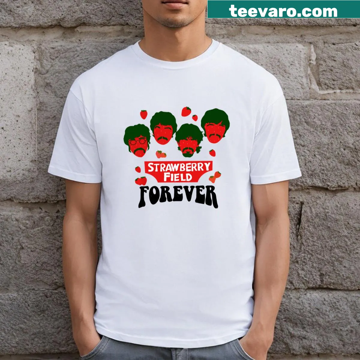 Vintage-style shirt with strawberries and musical notes for music lovers — on a men's t-shirt