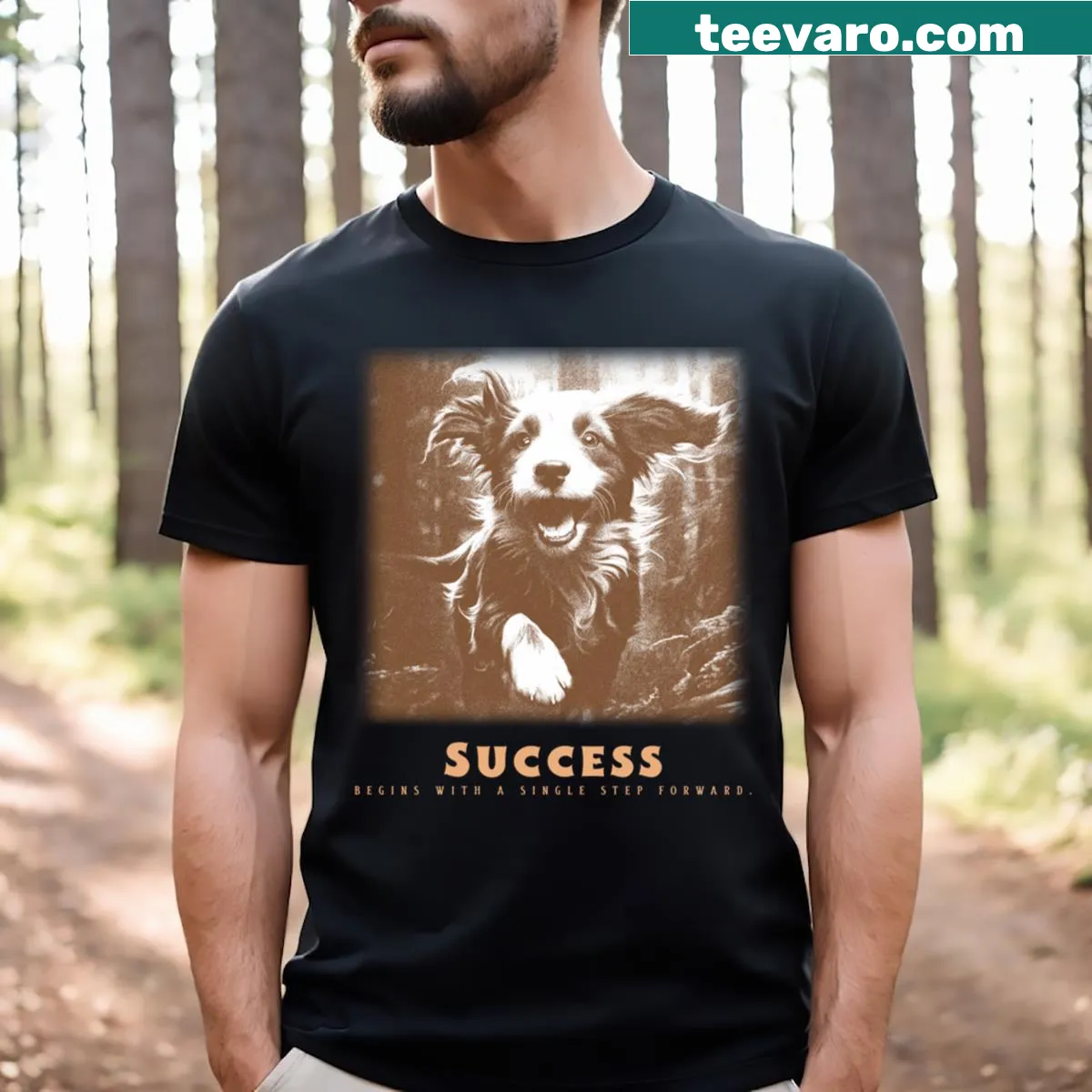 Inspirational typography shirt emphasizing the first step to success — on a men's t-shirt