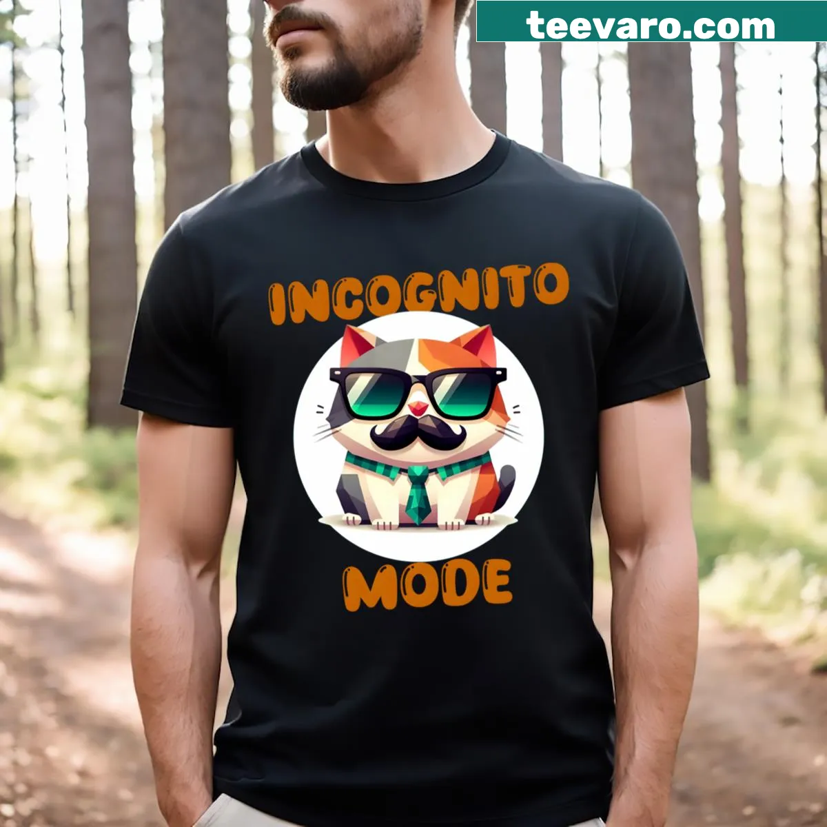 Illustrated T-shirt featuring a cat in disguise with sunglasses — on a men's t-shirt