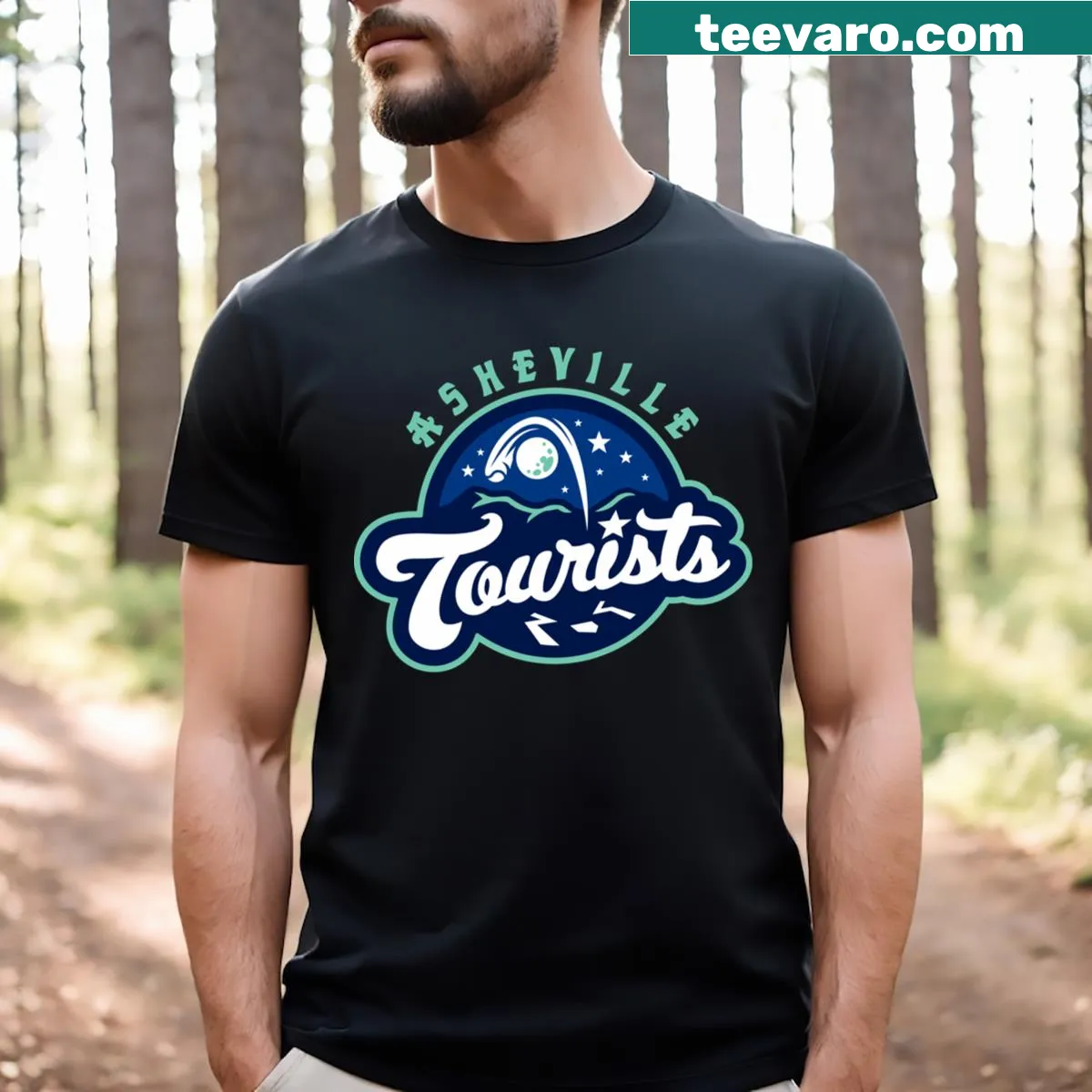 T-shirt supporting the Asheville Tourists baseball team — on a men's t-shirt