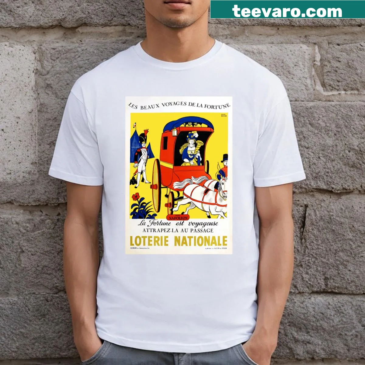 Illustrated t-shirt depicting a ship on a voyage symbolizing fortune — on a men's t-shirt