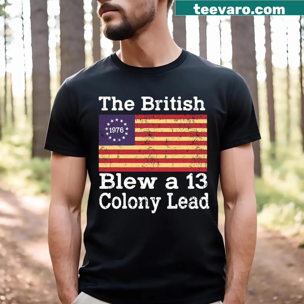 Humorous 4th of July T-shirt with a British defeat theme — on a men's t-shirt