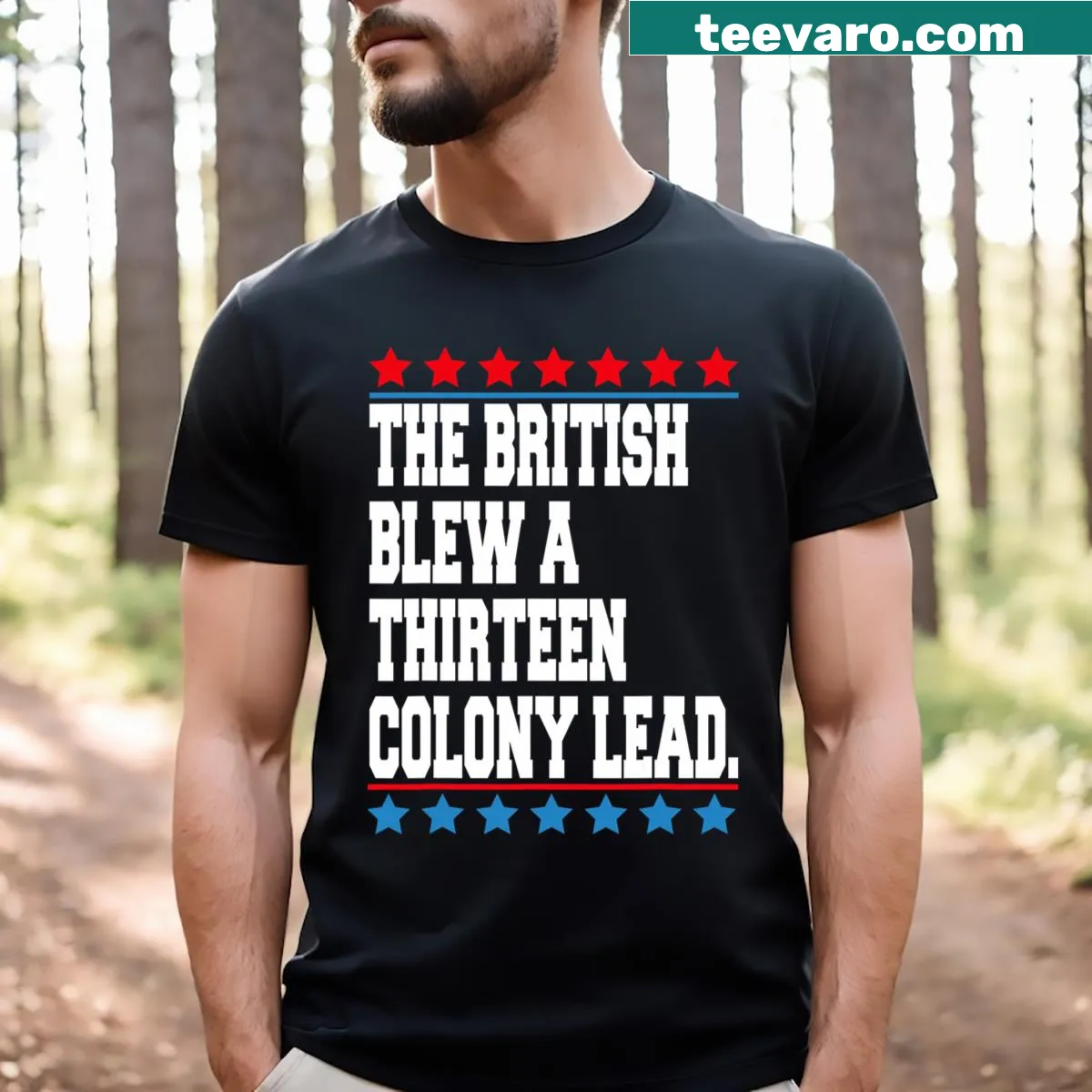 Funny 4th of July T-shirt with a historical reference to British defeat — on a men's t-shirt