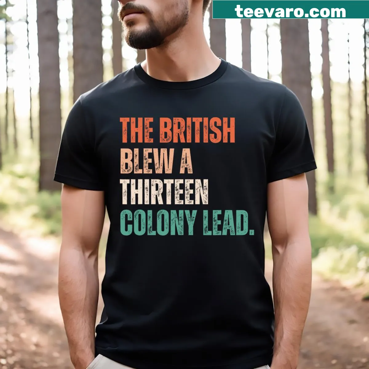 Vintage distressed t-shirt featuring the phrase about British rule and American independence. — on a men's t-shirt