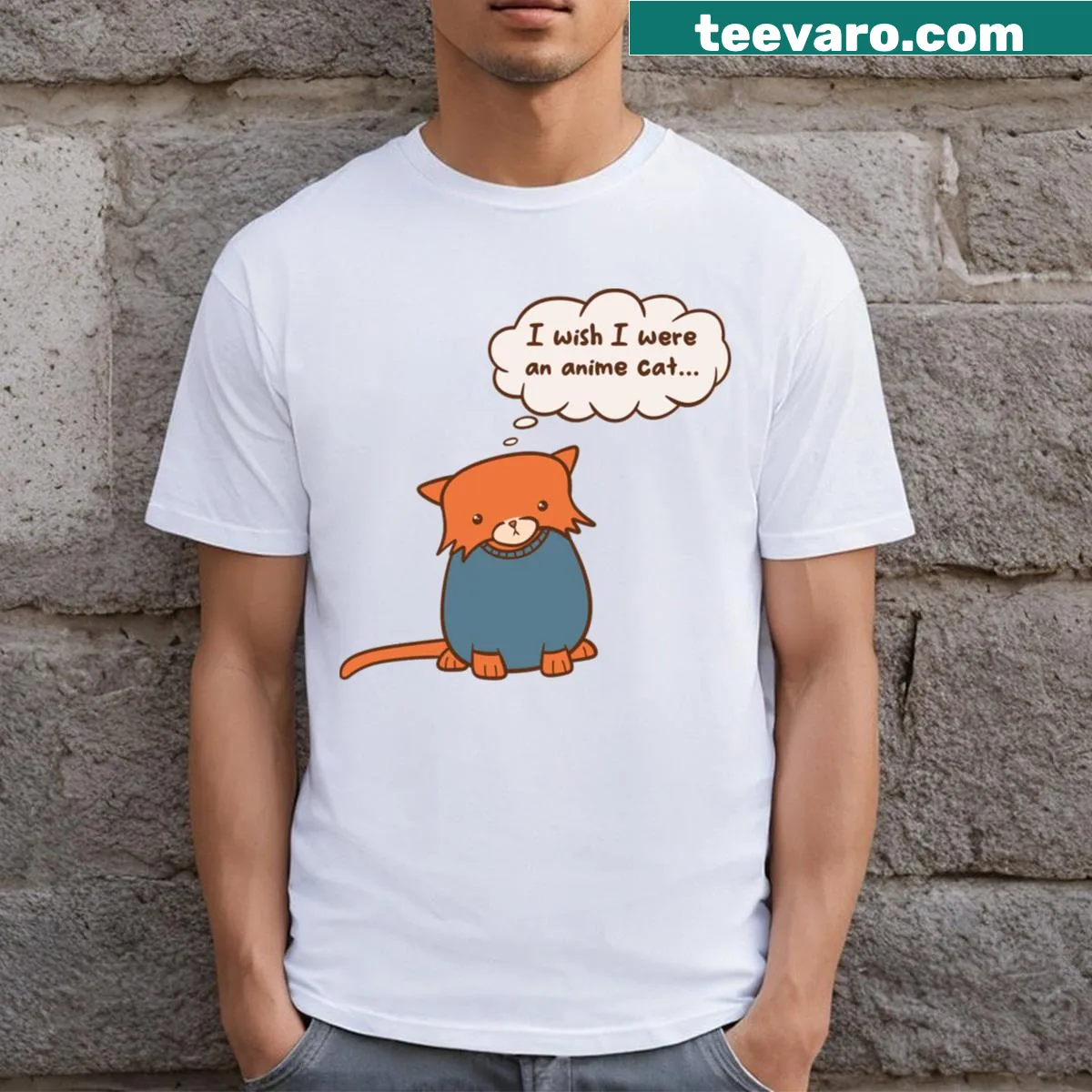 Cute anime cat graphic on a casual T-shirt — on a men's t-shirt