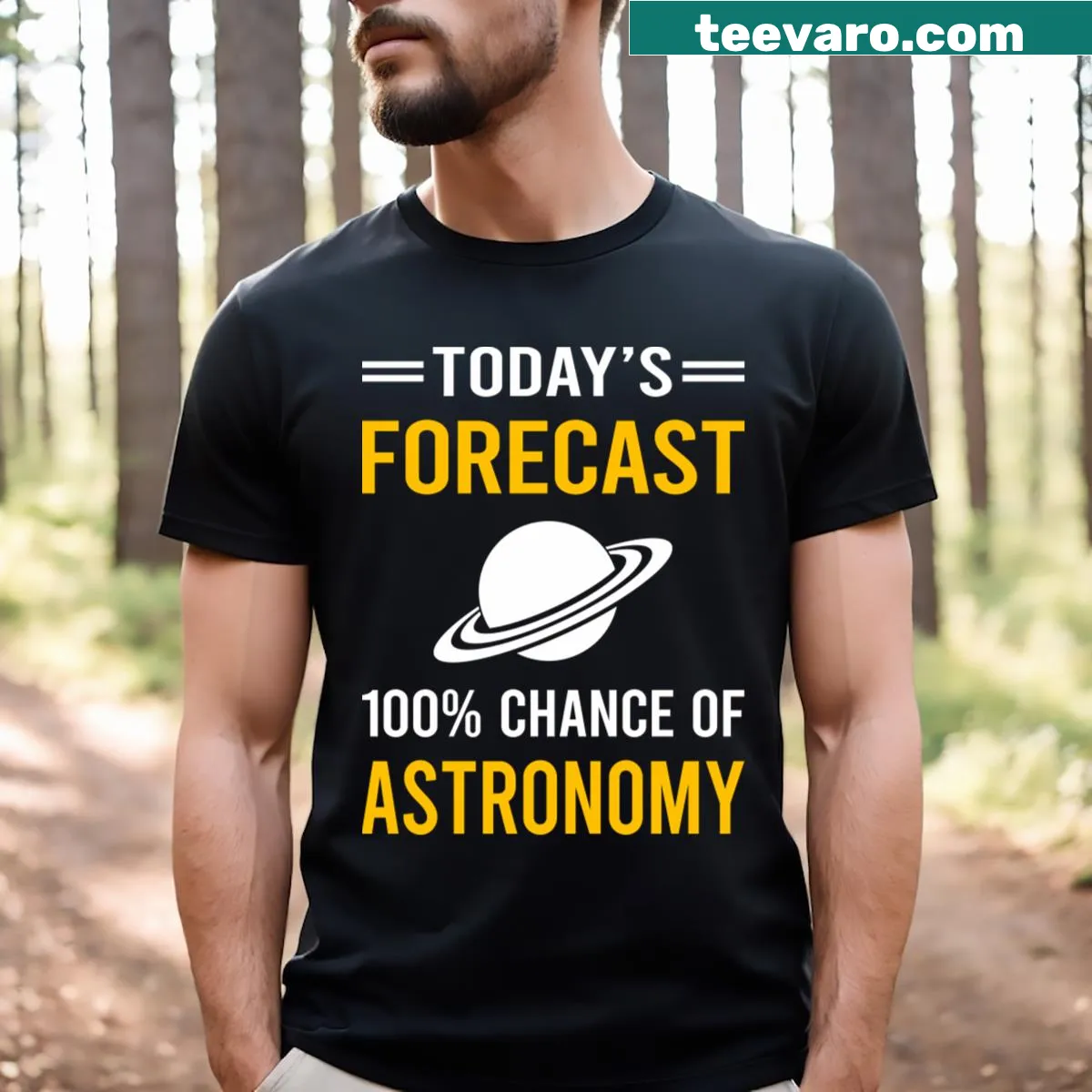 Astronomy-themed t-shirt with celestial forecast graphic — on a men's t-shirt