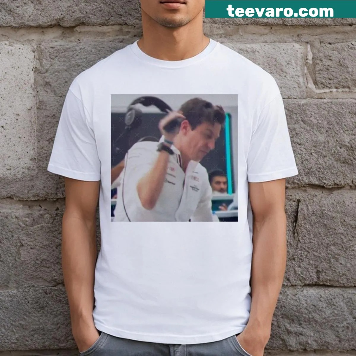Funny t-shirt featuring Toto Wolff and headphones graphic — on a men's t-shirt