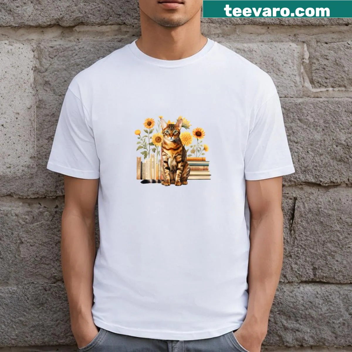 Cute t-shirt with a Toyger cat surrounded by books illustration — on a men's t-shirt